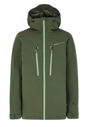 Veste à capuche verte fabriquée dans un tissu doux et résistant à l'eau. Dotée de poches avant zippées avec des fermetures éclair contrastantes et de détails de ventilation.