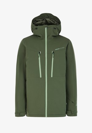 Chaqueta con capucha verde hecha de una suave tela resistente al agua. Presenta bolsillos con cremallera en la parte frontal con cremalleras en contraste y detalles de ventilación.