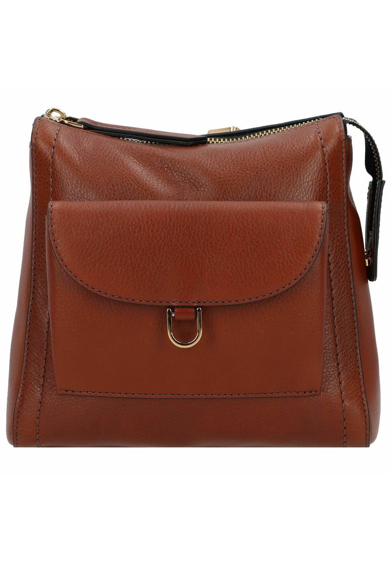 Sac à main en cuir marron avec une forme structurée, poche avant à rabat, accents en métal doré et fermeture éclair sur le dessus. Texture lisse.