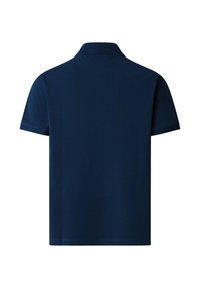 Marineblauw poloshirt met korte mouwen, gezien van de achterkant, met een effen ontwerp en een klassieke kraag.