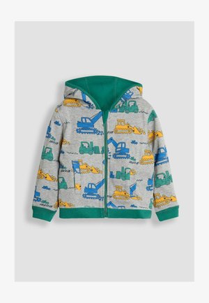 Szürke cipzáros kapucnis pulóver zöld díszítéssel, színes teherautó és építőipari járművek mintáival. Puha anyagból készült, alkalmas mindennapi viseletre.