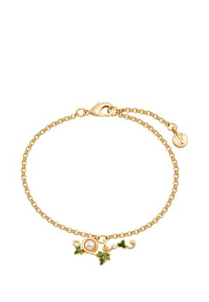Delicate gold chain bracelet with a lobster clasp, featuring a pearl and green enamel ivy leaf charm.