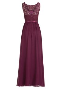 Burgunderfarbenes Maxikleid mit einem Spitzen-Oberteil, tiefem V-Ausschnitt und taillierter Taille, das in einen weichen, transparenten Rock übergeht.