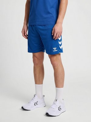Homme portant un short de sport bleu avec des bandes blanches en chevrons sur les côtés, des chaussettes blanches et des baskets blanches sur un fond uni.