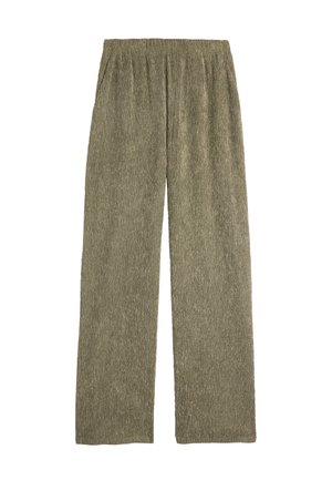 Khaki vidde ben bukser med elastisk midjebånd, laget av et teksturert stoff og med rett snitt, passende for hverdagsbruk.