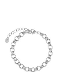 Bracciale in argento con maglie circolari, dotato di chiusura a moschettone e catena di estensione per una vestibilità regolabile. Superficie liscia e lucidata.