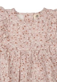Pink cotton dress with floral pattern, featuring ruffled sleeves and a gathered skirt, adorned with white and brown flowers.
