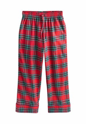 Piros kockás pizsama nadrág, laza fazonnal, gumis derékkal, húzózsinórral és ellentétes zöld vonalakkal a rácsos mintán.