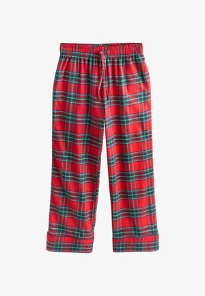 Røde ternede pyjamasbukser med løs pasform, elastisk talje med snor og kontrasterende grønne linjer mod et rutemønster.