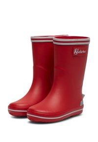 Bottes de pluie en caoutchouc rouge avec des accents blancs et une semelle texturée. Ouverture réglable en haut pour un enfilage facile. Convient aux conditions humides.