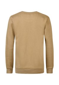 Sweatshirt beige à manches longues, col rond, poignets et ourlet côtelés. Texture douce, couleur unie, design minimaliste sans motifs ni accents.