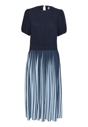 Vestido azul marino con mangas cortas abullonadas, corsé ajustado y una falda fluida que presenta rayas verticales de color azul claro y un detalle de llave en la espalda.