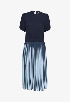 Robe bleu marine avec des manches courtes bouffantes, un corsage ajusté et une jupe fluide ornée de rayures verticales bleu clair et d'un détail en forme de trou de serrure au dos.