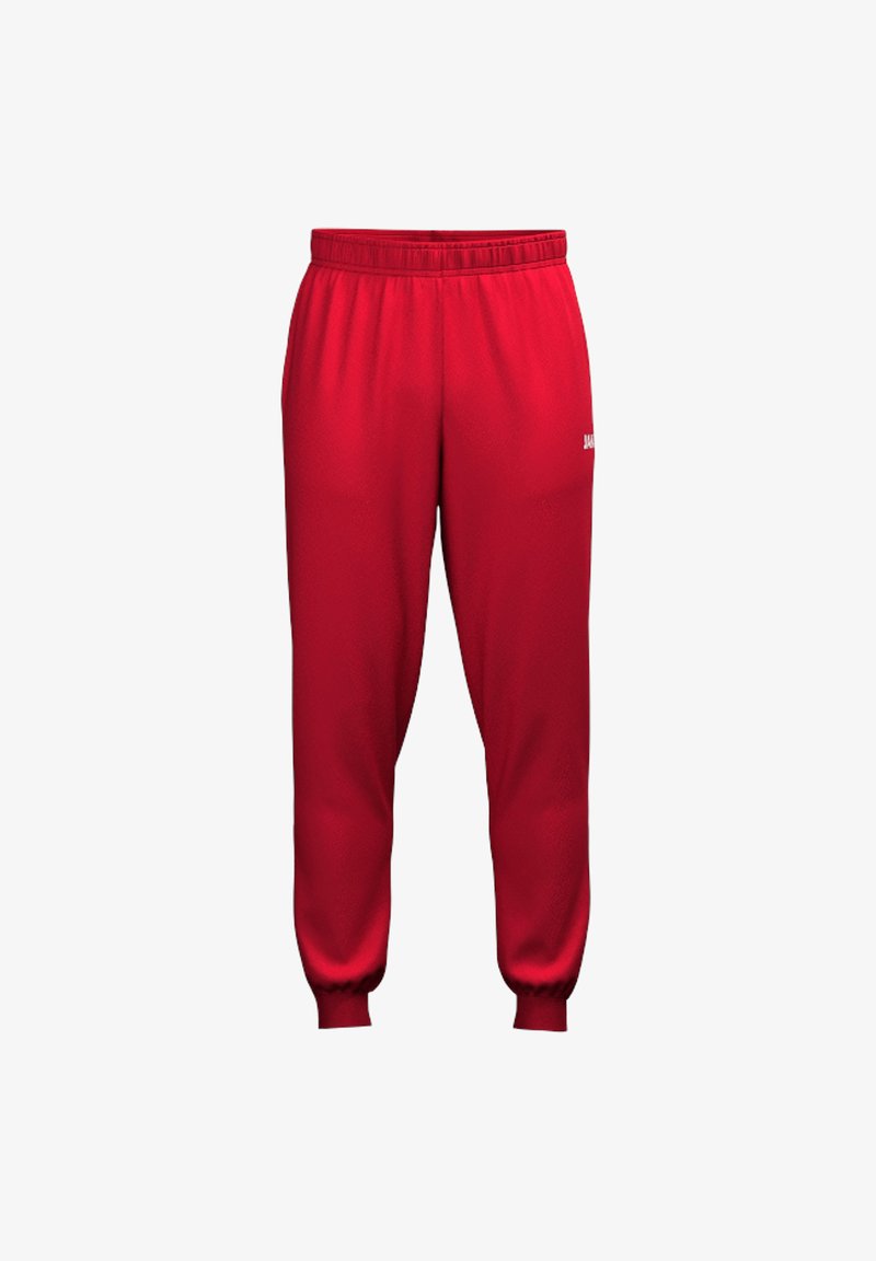 Pantalon de jogging athlétique rouge avec taille et ourlets élastiques, avec un petit logo blanc sur le haut de la cuisse.