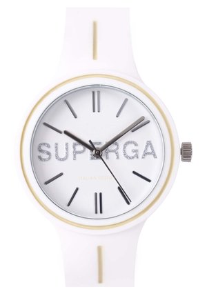 White silicone watch with a round face, silver accents, and sparkling 'SUPERGA' text. Features black hour markers and hands on a white dial.