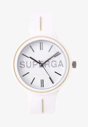 Valkoinen silikonikello, jossa on pyöreä kellotaulu, hopeiset yksityiskohdat ja kimalteleva 'SUPERGA' -teksti. Varustettu mustilla tuntimerkeillä ja osoittimilla valkoisella taululla.