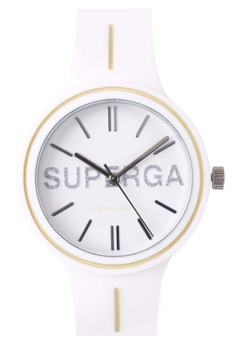 Reloj de silicona blanco con una esfera redonda, acentos plateados y texto brillante 'SUPERGA'. Presenta marcadores de hora y agujas negras sobre una esfera blanca.