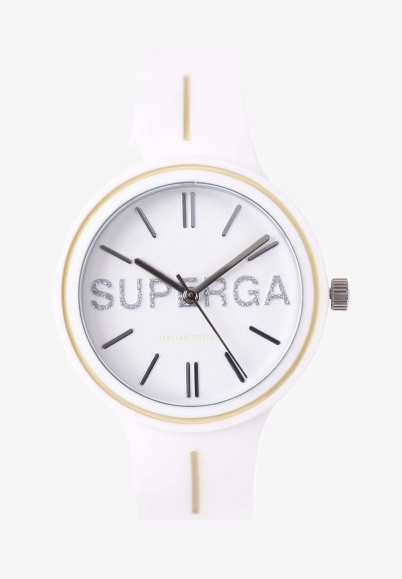 Reloj de silicona blanco con una esfera redonda, acentos plateados y texto brillante 'SUPERGA'. Presenta marcadores de hora y agujas negras sobre una esfera blanca.