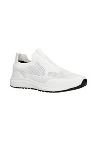 Weiße Slip-On-Sneaker mit einem Obermaterial aus Mesh und einer soliden schwarzen Sohle. Sie verfügen über eine glatte Oberfläche und elastische seitliche Einsätze für ein einfaches An- und Ausziehen.