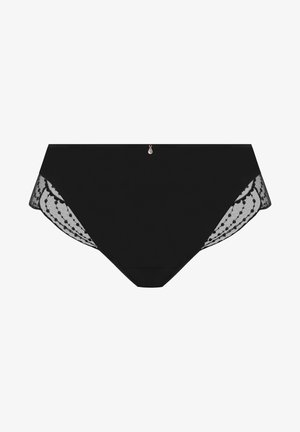 Zwarte bikini-stijl onderbroek met een effen voorkant, doorschijnende kantenzijdes met stippenpatronen en een klein decoratief pendant in het midden.