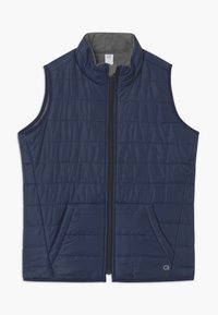 Granatowa kamizelka puchowa z wysokim kołnierzem, zamkiem błyskawicznym z przodu oraz dwoma bocznymi kieszeniami. Posiada pikowaną strukturę oraz szare wykończenie wewnętrzne.