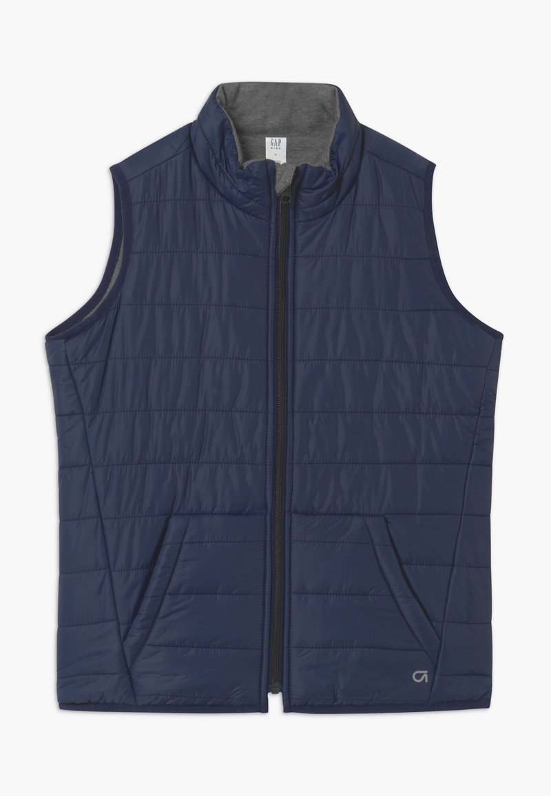 Granatowa kamizelka puchowa z wysokim kołnierzem, zamkiem błyskawicznym z przodu oraz dwoma bocznymi kieszeniami. Posiada pikowaną strukturę oraz szare wykończenie wewnętrzne.