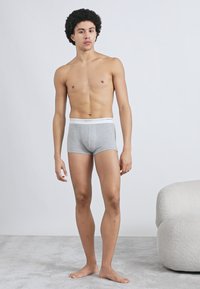 Szürke boxerméretű alsónadrág fehér elasztikus derékpánttal, logóval díszítve. A modell semleges háttér előtt áll.