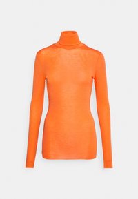 Oranger Rollkragenpullover mit langen Ärmeln aus einem dünnen, strukturierten Material; taillierte Silhouette ohne sichtbare Muster oder Verzierungen.
