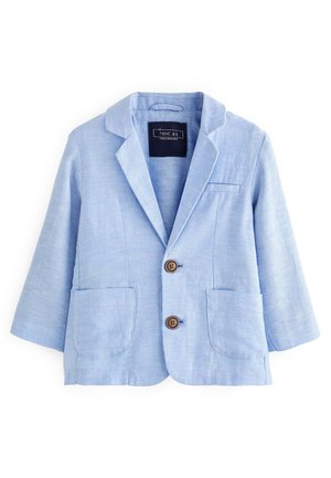 Blazer en lin bleu clair avec un col cranté, deux poches plaquées à l'avant et deux boutons marron, présentant une coupe décontractée et des manches trois-quarts.