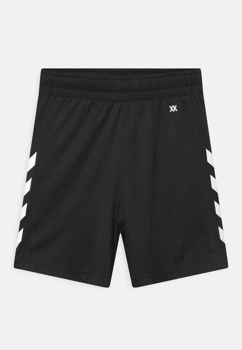Zwarte sportshorts met een gladde textuur, voorzien van een wit streepjespatroon aan de zijkanten en een elastische tailleband.
