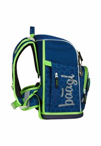 Zaino in tessuto blu navy con motivo esagonale, dettagli verde lime, spallacci regolabili e numerosi scomparti con zip.