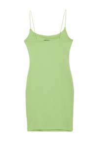 Robe bodycon verte avec des fines bretelles spaghetti, un décolleté arrondi et une texture douce. Longueur mi-cuisse, design ajusté sans motifs ni embellissements.