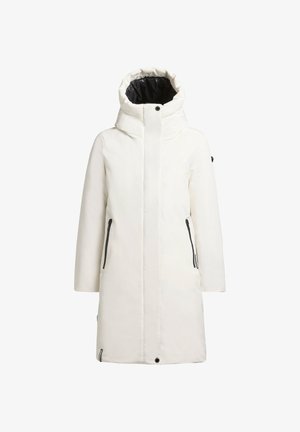 Duga bijela zimska jakna s visokim ovratnikom, crnim unutarnjim podstavom i dvama bočnim džepovima sa zatvaračem. Glatka tekstura s minimalnim dizajnom.