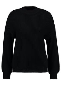 Black knitted sweater with a crew neckline, dropped shoulders, and ribbed cuffs. The fabric has a textured, chunky weave with a loose fit.