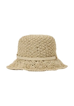 Beiger, gewebter Bucket Hat mit einem geflochtenen Band rund um die Krone, mit offenem Webmuster und leicht ausgestellter Krempe.