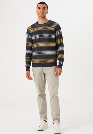 Marineblauwe gestreepte trui met gele en witte strepen, ronde halslijn en geribbelde manchetten. Gecombineerd met lichtbeige broeken en witte sneakers.