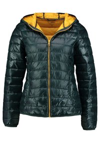 Vadderad jacka i mörkgrön med en blank yta, med en gul innervadding, guld dragkedja och kviltad textur. Inkluderar huva och sidofickor.