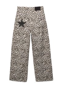 Pantaloni a gamba larga con stampa leopardata, caratterizzati da un toppe a forma di stella nera sulla tasca posteriore. Realizzati in un tessuto dalla consistenza morbida.