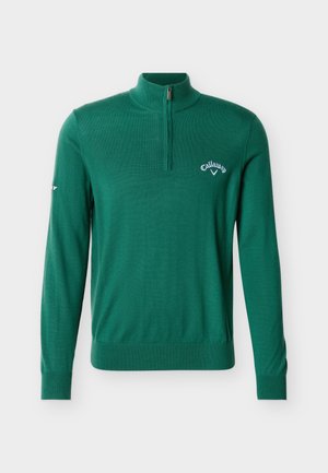 Groene lange mouw pullover met kwart rits en Callaway-logo op borst en mouw, geribbelde manchetten en zoom, hoge kraag.