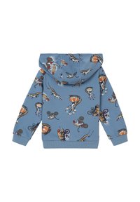 Hellblauer Hoodie mit einer Vielzahl von verspielten Tiermotiven. Aus weichem Stoff gefertigt, mit einer Vordertasche und gerippten Bündchen. Kapuzendesign.