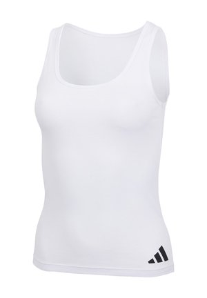 Witte tanktop van gladde stof, met een ronde halslijn, smalle schouderbandjes en een zwart logo aan de onderkant links.
