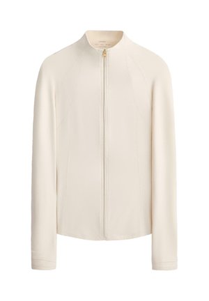 Jachetă cu mâneci lungi, de culoare crem, cu fermoar frontal, guler rotund și detalii subtile de cusături pe părțile laterale și mâneci.