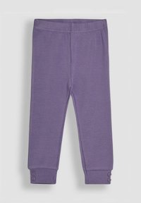 Lilla ribbede leggings med en tætsiddende design, der har en komfortabel elastisk talje og knapdetaljer ved anklerne.