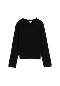 Pull en tricot noir avec un col rond, des manches longues et une coupe cropped. Présente une texture côtelée aux poignets et à la taille.