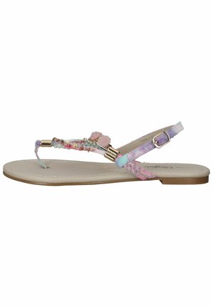 Sandalia plana con tiras en tonos púrpura pastel y rosa, decorada con acentos de flores y herrajes en tono dorado. Plantilla suave en color beige.