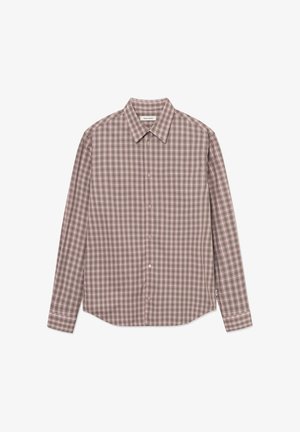 Košeľa s dlhými rukávmi na gombíky v hnedom kockovanom vzore, s unikátnym špicatým golierom a ľahkou textúrou látky s voľným strihom.