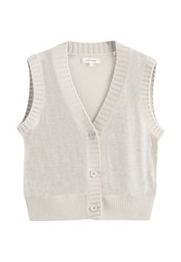 Gilet sans manches gris clair avec un col en V, ourlet et emmanchures côtelés, comportant cinq boutons sur le devant et une texture douce.