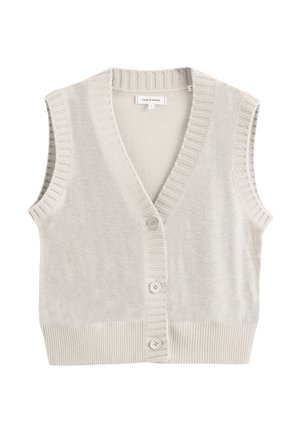 Lichtgrijs mouwloos vest met een V-hals, geribbelde zoom en armsgaten, voorzien van vijf knopen aan de voorkant en een zachte textuur.