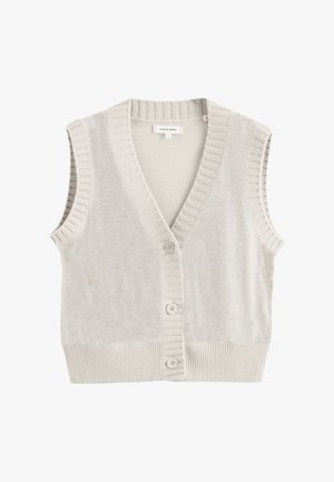 Lichtgrijs mouwloos vest met een V-hals, geribbelde zoom en armsgaten, voorzien van vijf knopen aan de voorkant en een zachte textuur.