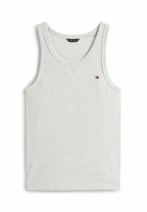 Canotta grigio chiaro a coste con design senza maniche e piccolo logo Tommy Hilfiger sul petto a sinistra.